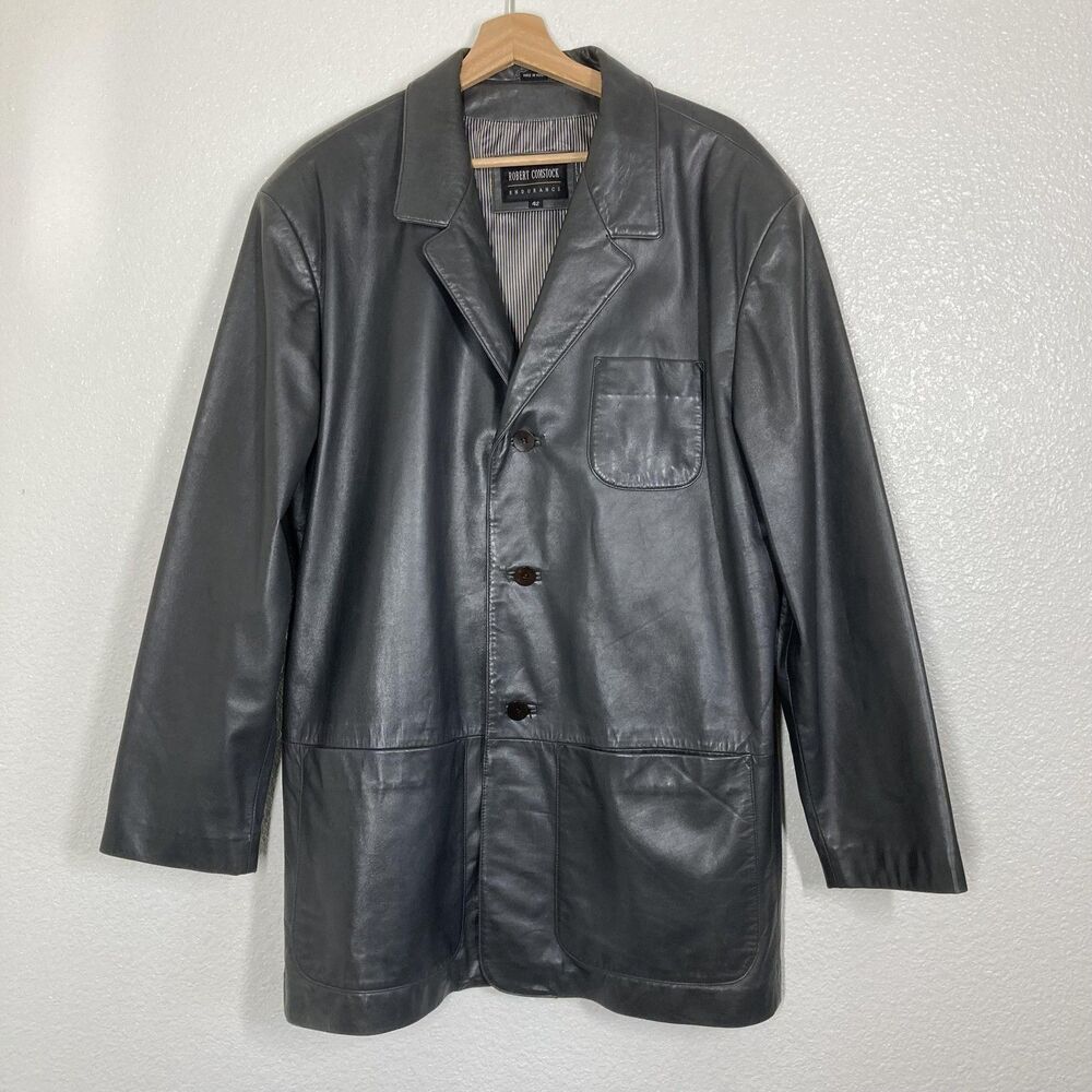 Robert Comstock Leather Jacket Mens 42 Black Car Coat Blazer Endurance Lined